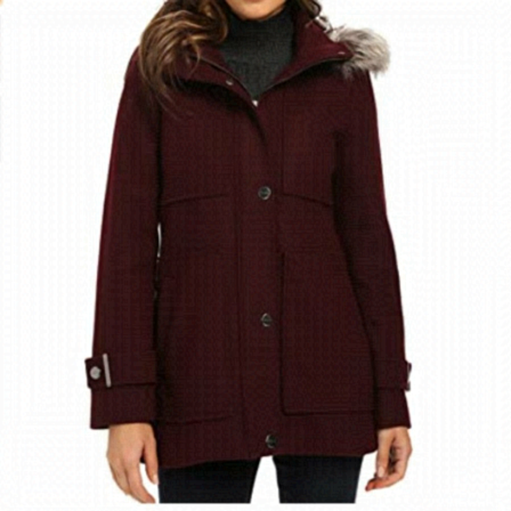 Kenneth Cole Burgundy Pea Coat with Faux Fur Hood